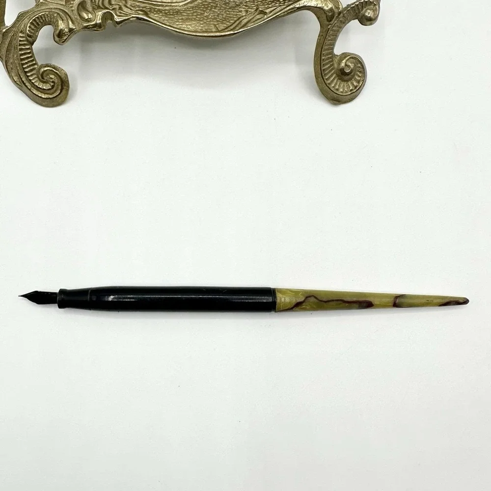 Vintage Heavy Brass Inkwell Pen Holder Art Nouveau Celluloid Fountain Pen Ink